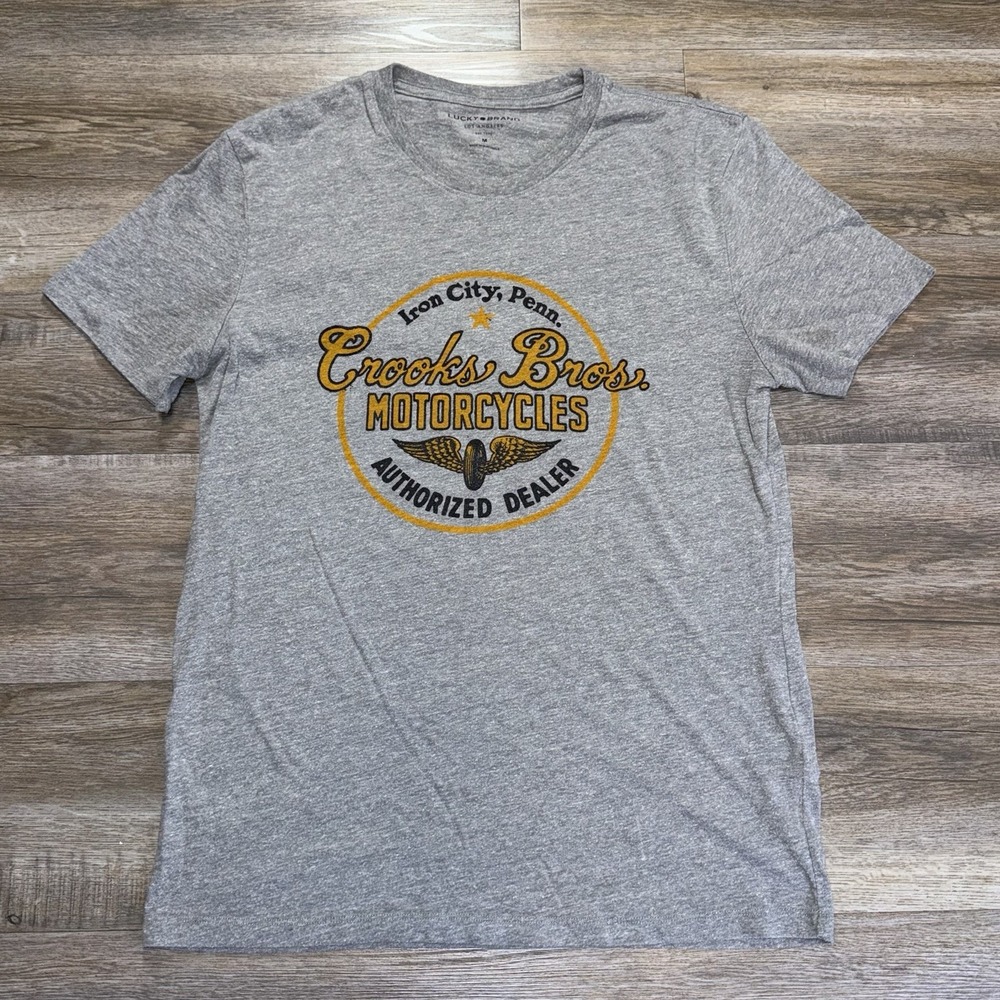 Lucky Brand Heather Gray Graphic Shirt Mens Medium "Crooks Bros. Motorcycles"